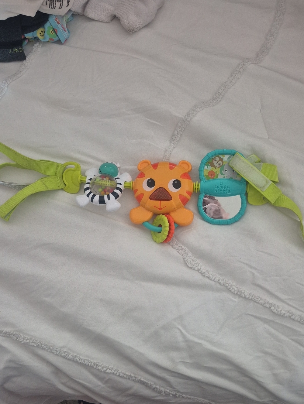 Bright Starts Lime Green Activity Toy Strap with Tiger Rattle